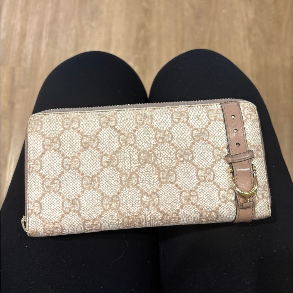 Gucci Beige and Brown Monogram Zip Wallet
